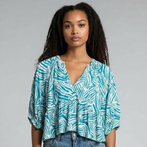 Amanda Uprichard Large Linen Blend Zebra Print Diego Top V-Neck‎ Peplum Hem Top